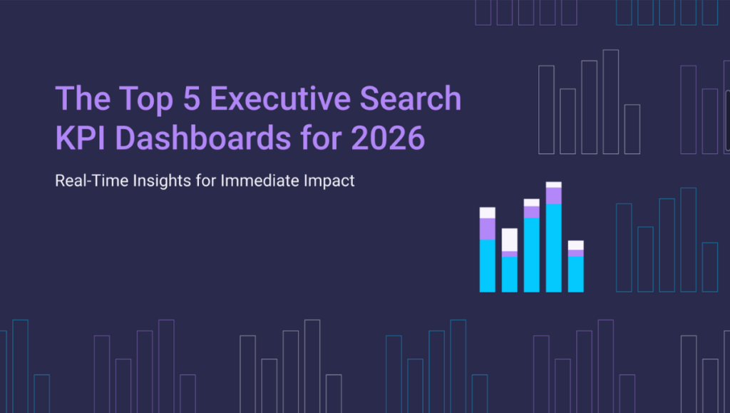 Executive talent analytics platform dashboard titled 'The Top 5 Executive Search KPI Dashboards for 2026.' Thrive TRM's interface displays real-time insights for immediate impact, featuring abstract bar charts that represent the data-driven search capabilities of modern talent intelligence software.